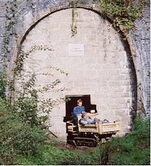 Stage 1. Bob Hamlet is driven in style through the hole at the Horspath end of the bat tunnel!